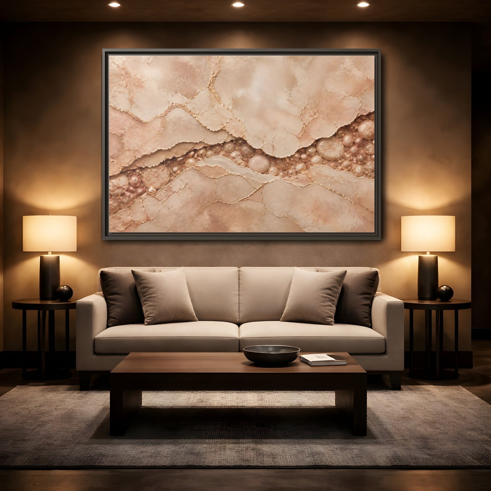 Mockup 2. Rose Gold Stone Vein shown as framed canvas print