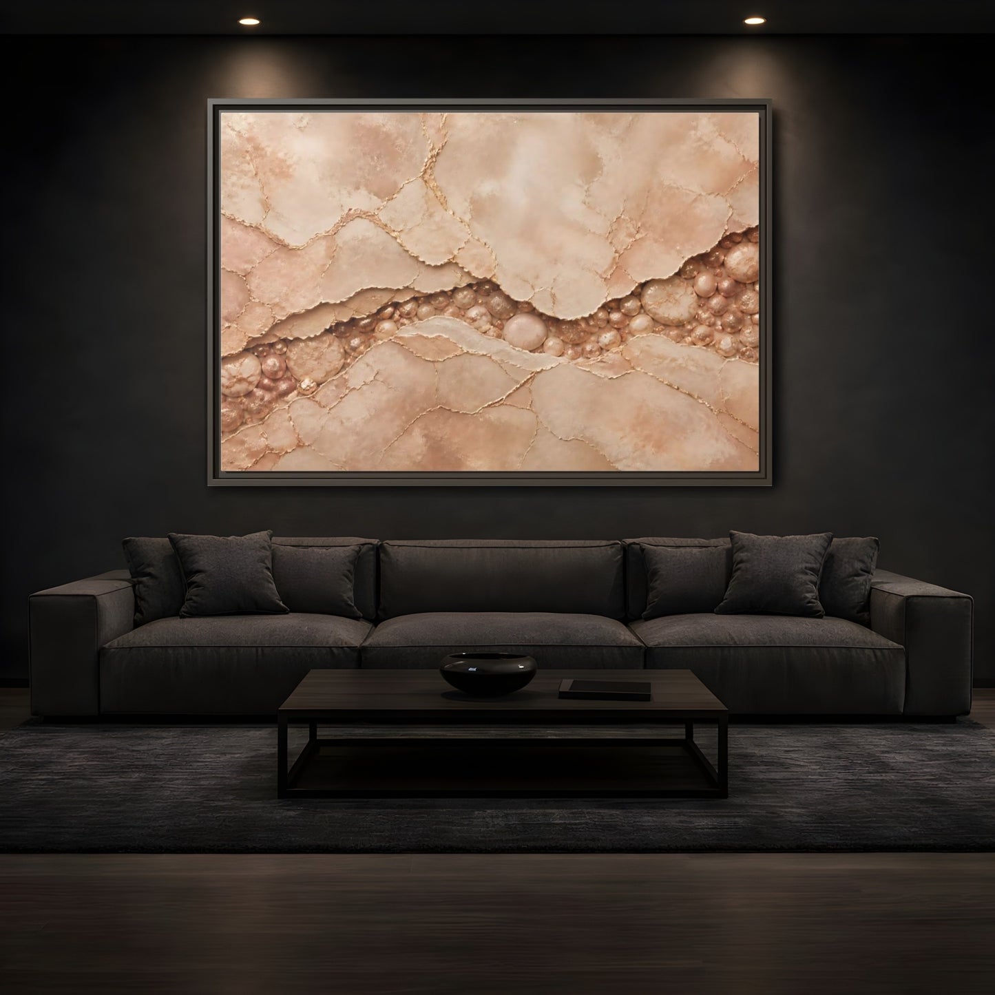 Mockup 3. Rose Gold Stone Vein shown as framed canvas print