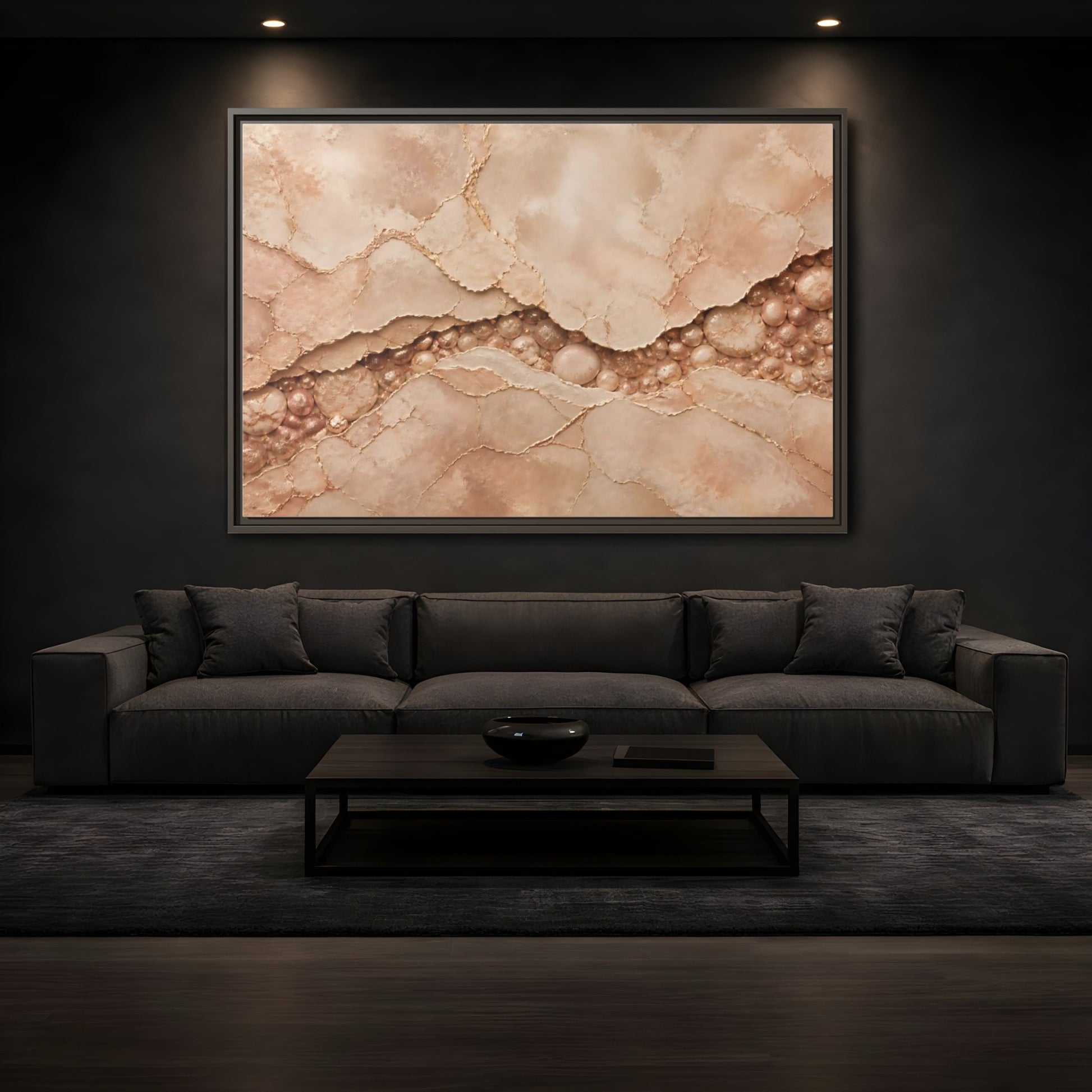 Mockup 3. Rose Gold Stone Vein shown as framed canvas print