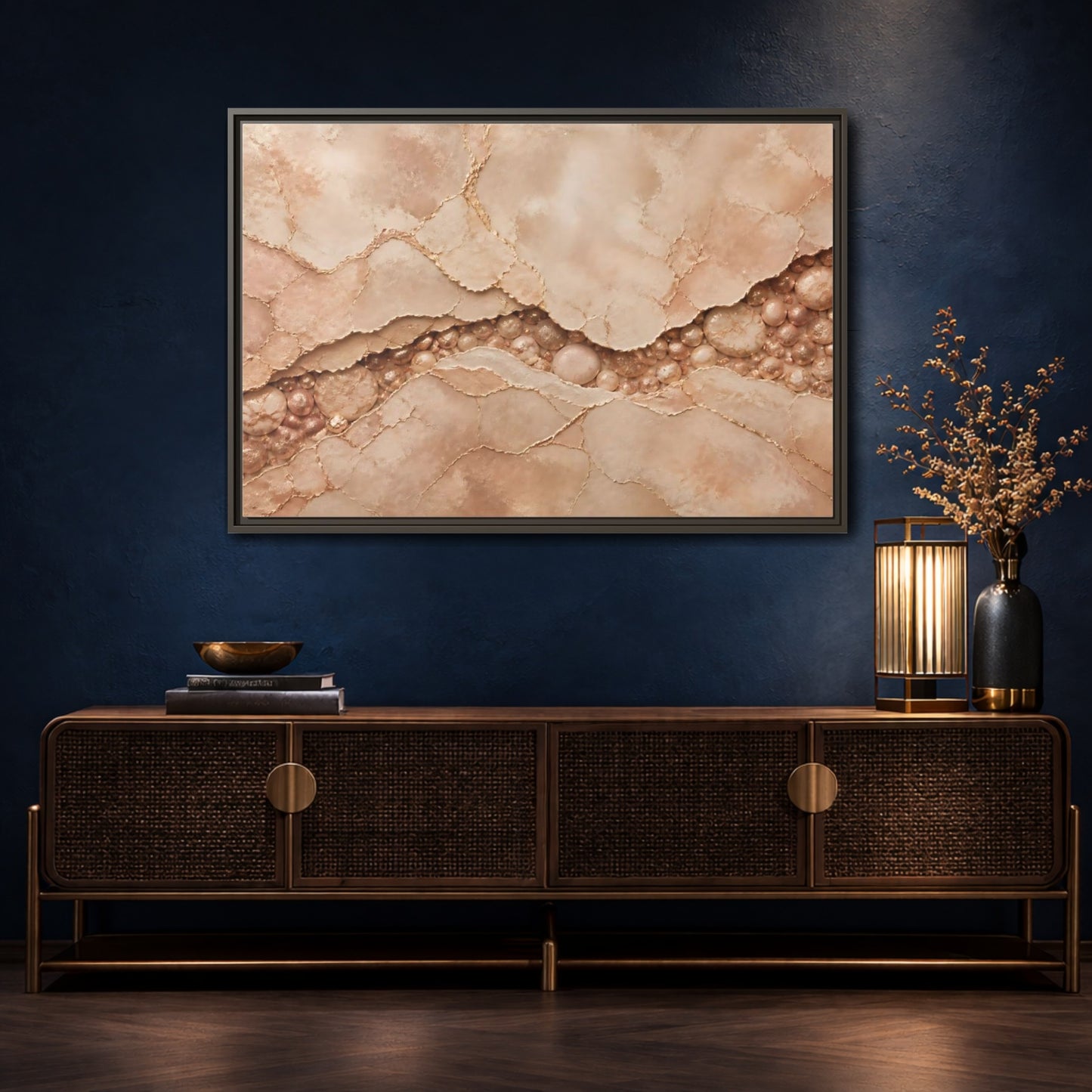 Mockup 4. Rose Gold Stone Vein shown as framed canvas print