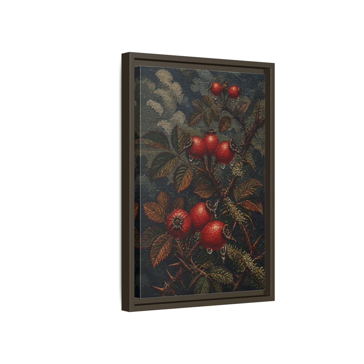 Side Mockup 5. Rose Hips Study shown as framed canvas print