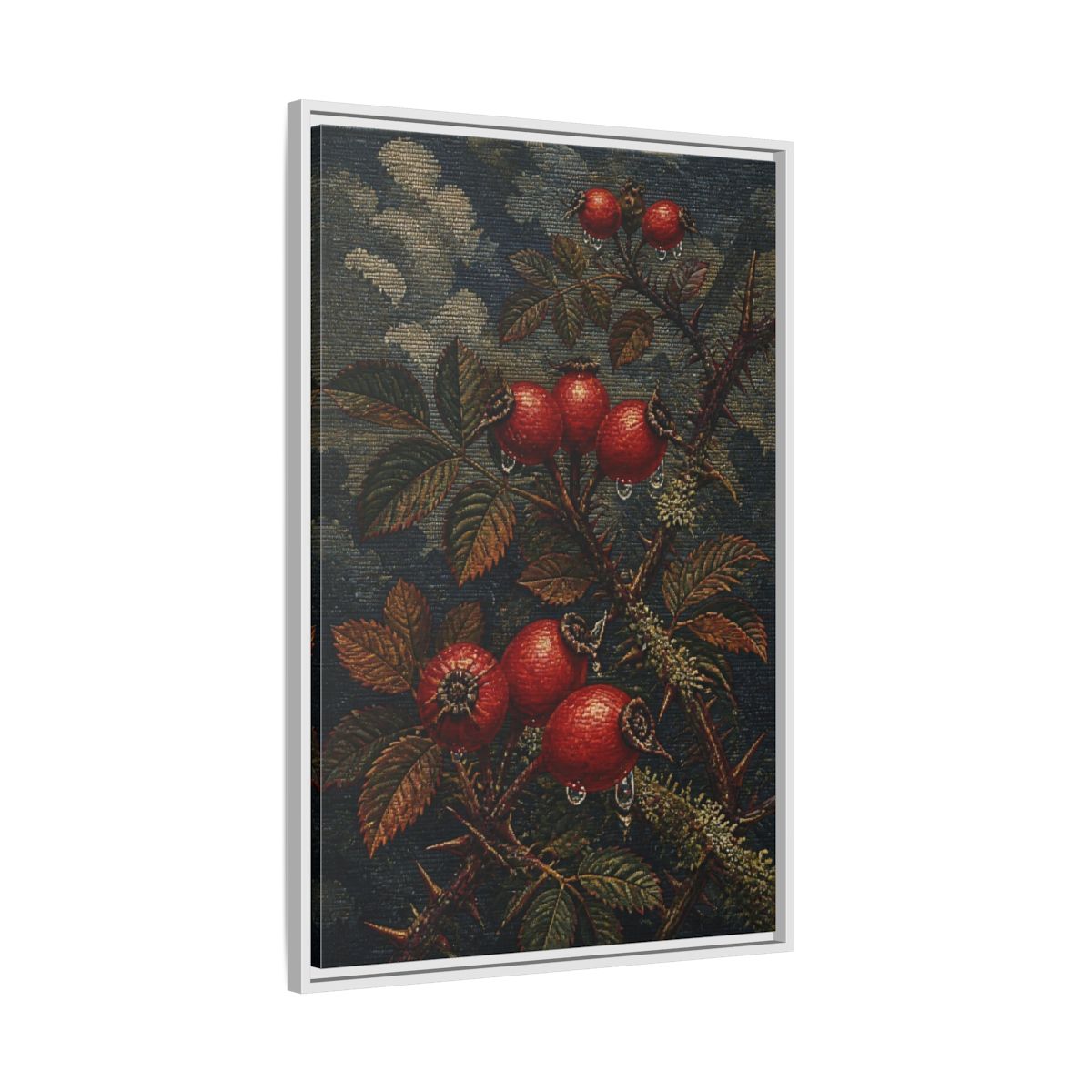 Side Mockup 9. Rose Hips Study shown as framed canvas print