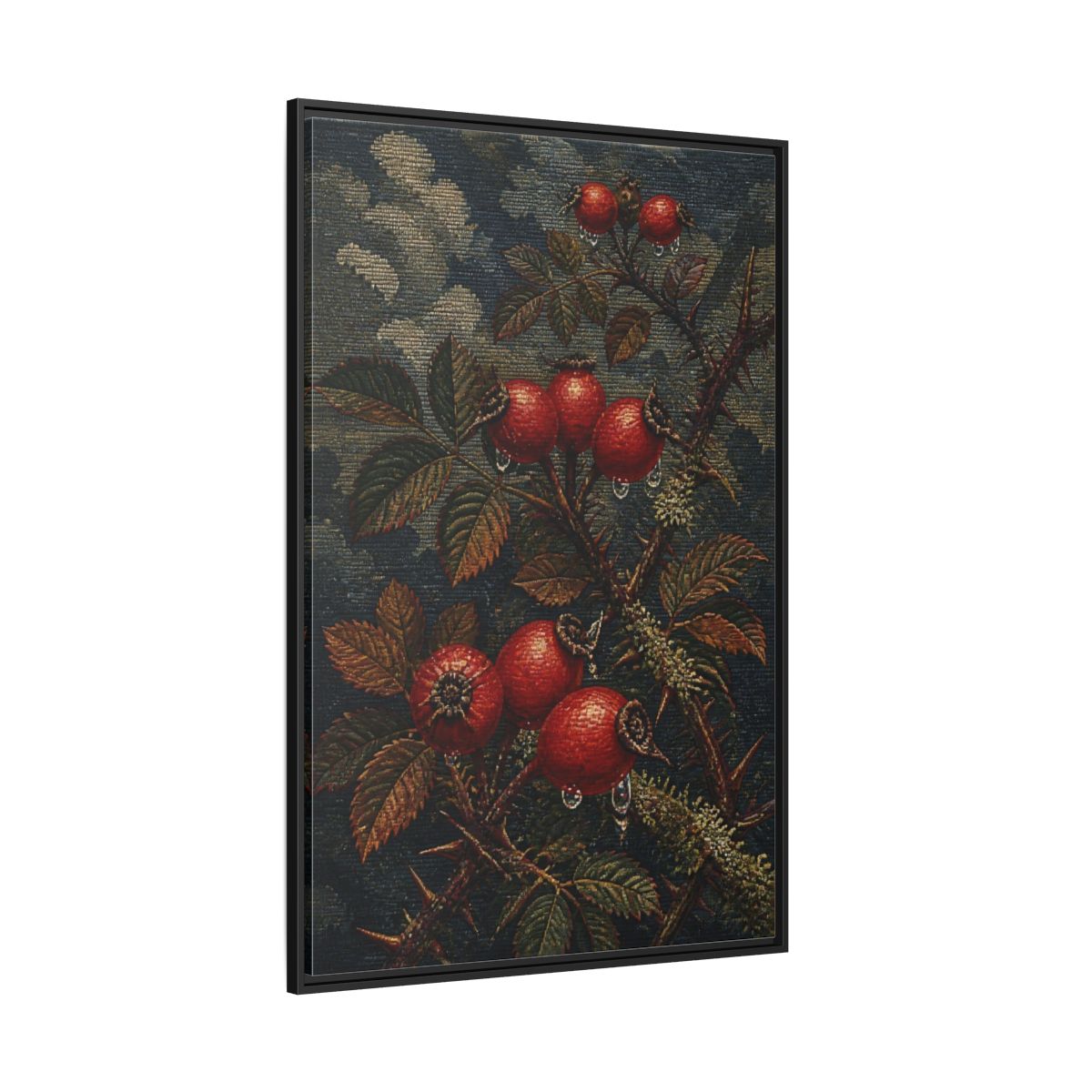 Side Mockup 12. Rose Hips Study shown as framed canvas print
