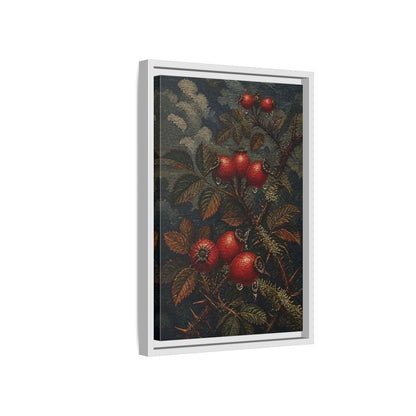 Side Mockup 4. Rose Hips Study shown as framed canvas print