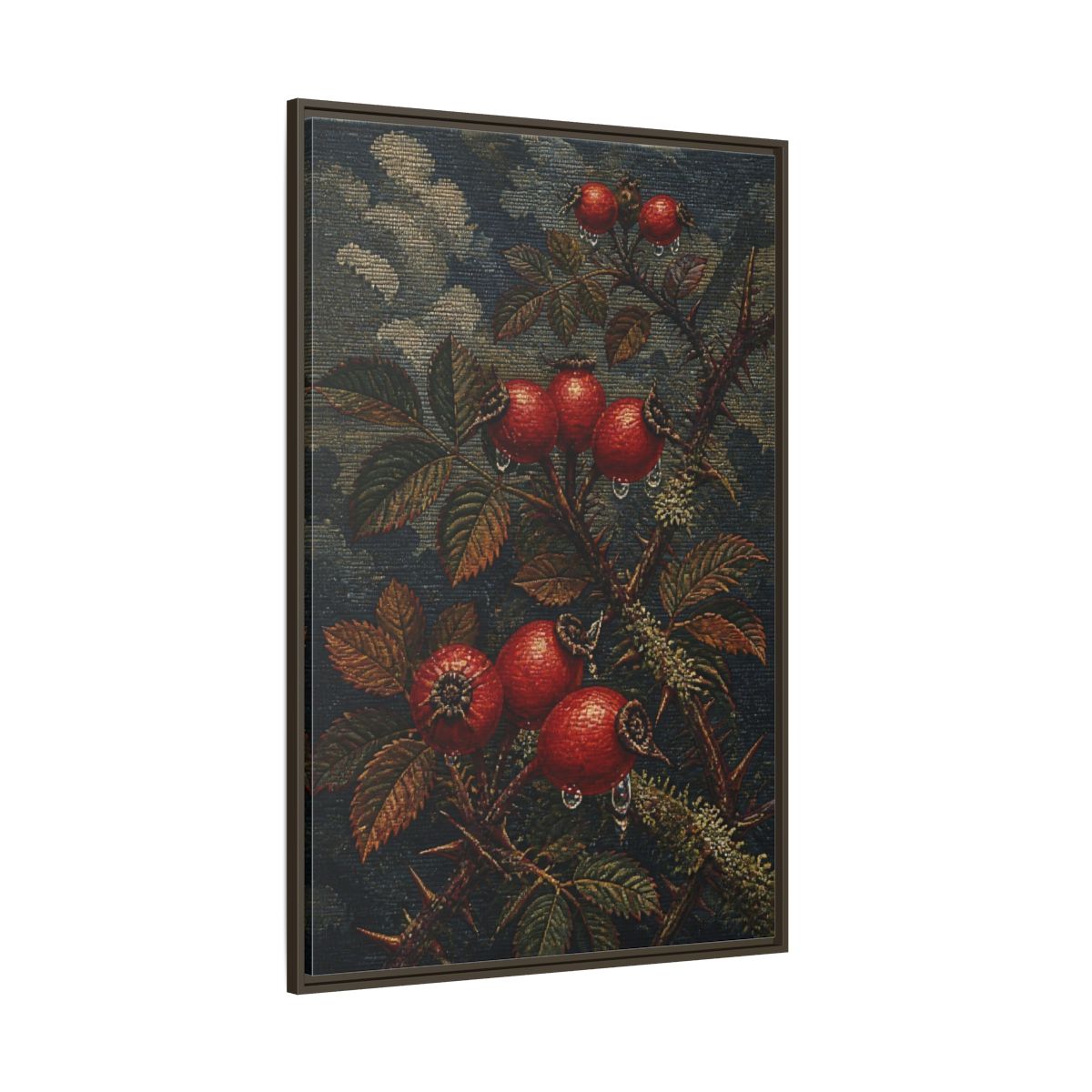 Side Mockup 8. Rose Hips Study shown as framed canvas print