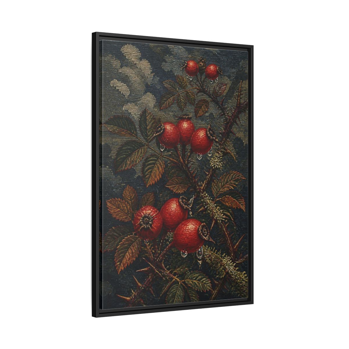 Side Mockup 13. Rose Hips Study shown as framed canvas print