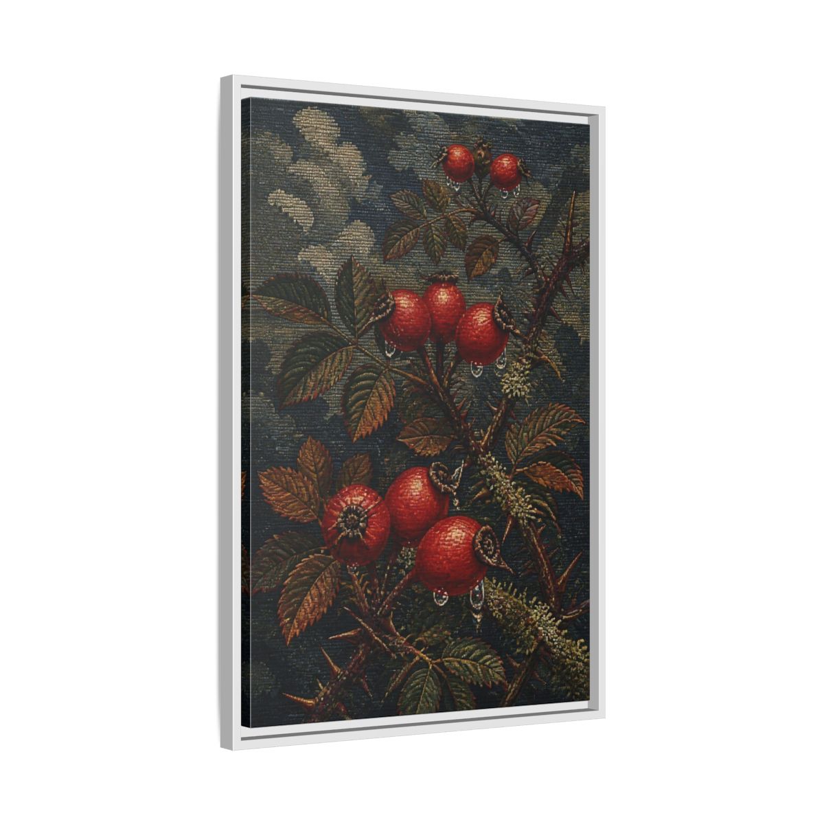 Side Mockup 10. Rose Hips Study shown as framed canvas print