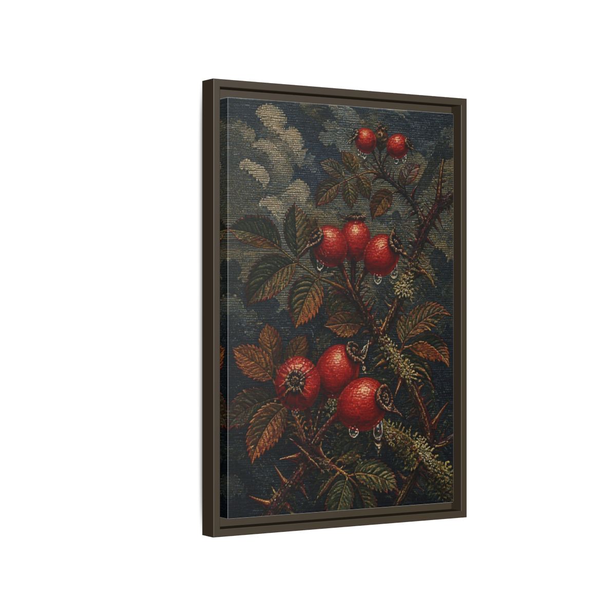 Side Mockup 2. Rose Hips Study shown as framed canvas print