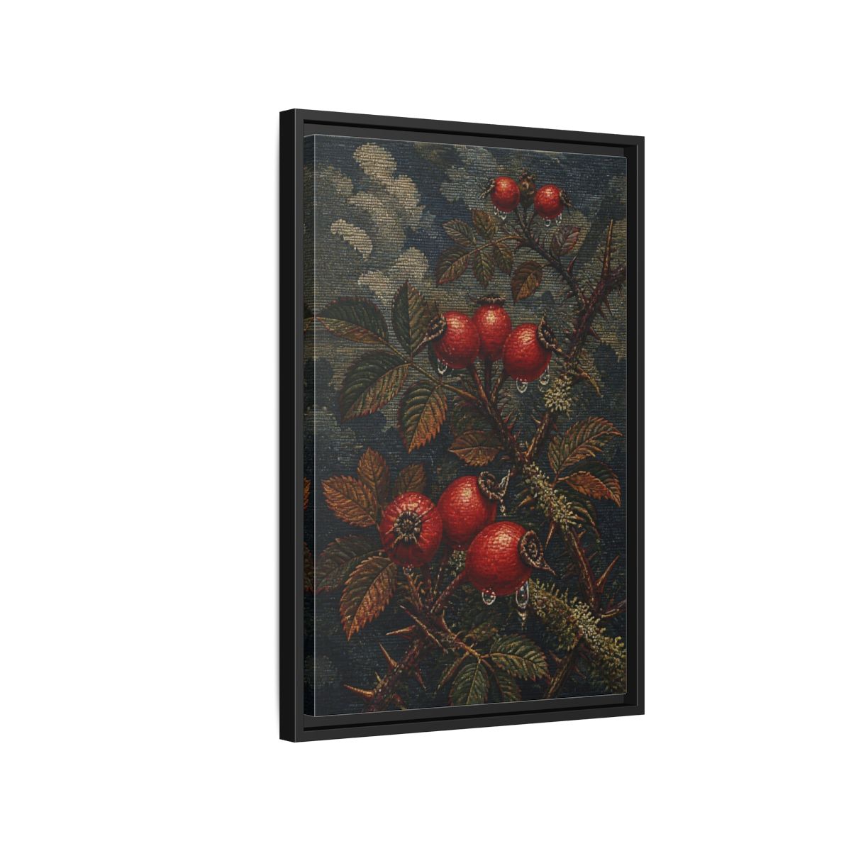 Side Mockup 3. Rose Hips Study shown as framed canvas print