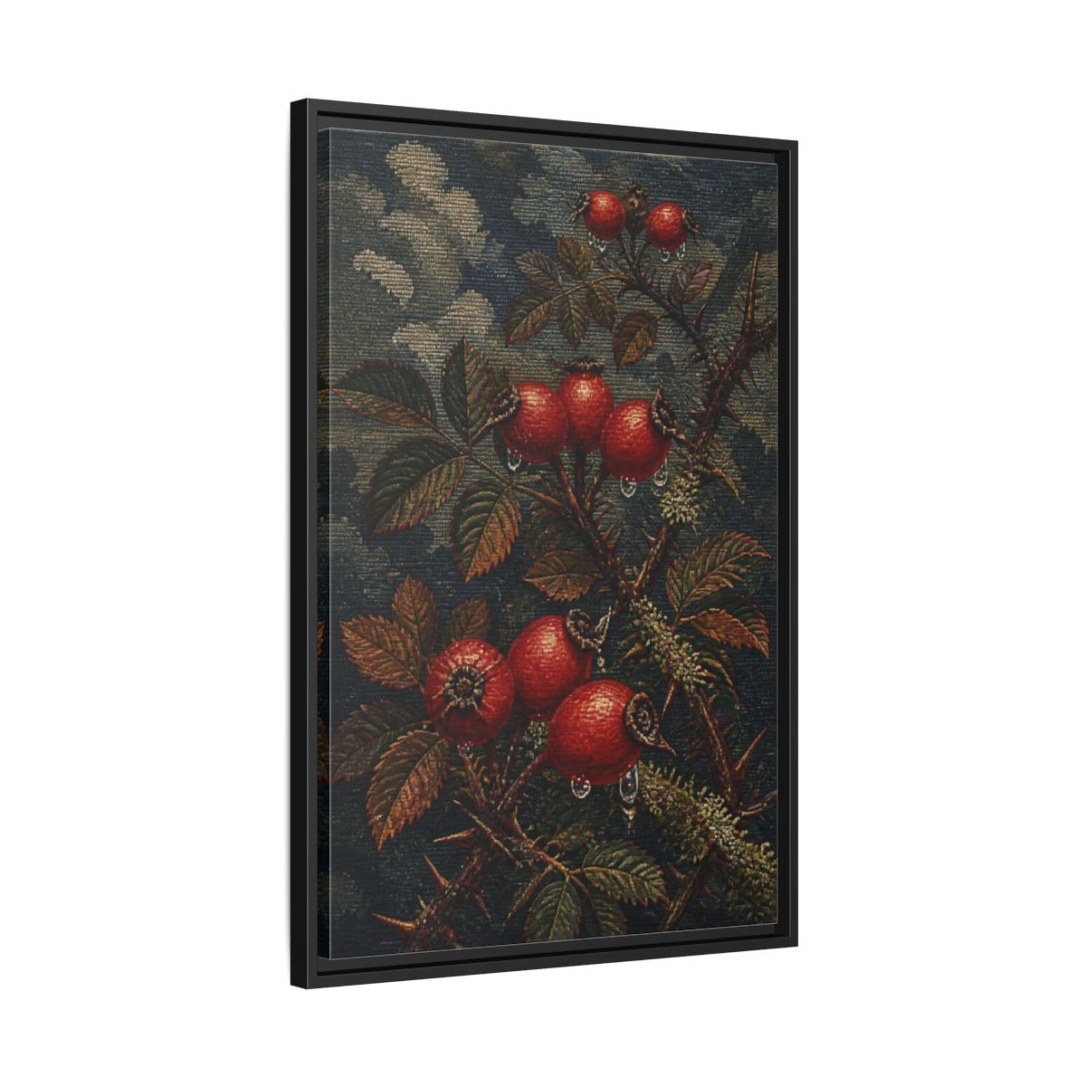 Side Mockup 14. Rose Hips Study shown as framed canvas print