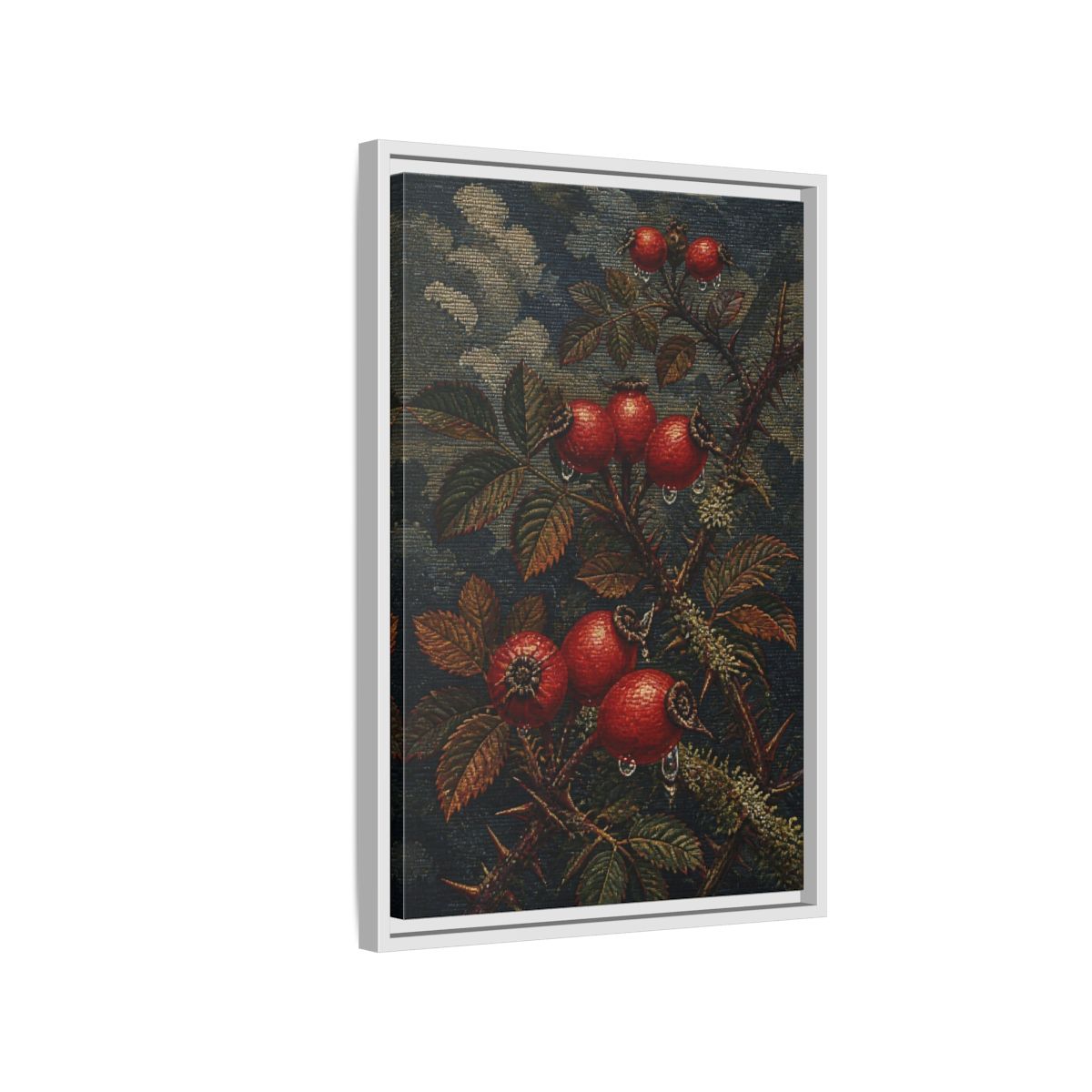 Side Mockup 1. Rose Hips Study shown as framed canvas print