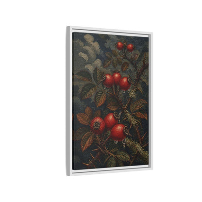 Side Mockup 1. Rose Hips Study shown as framed canvas print