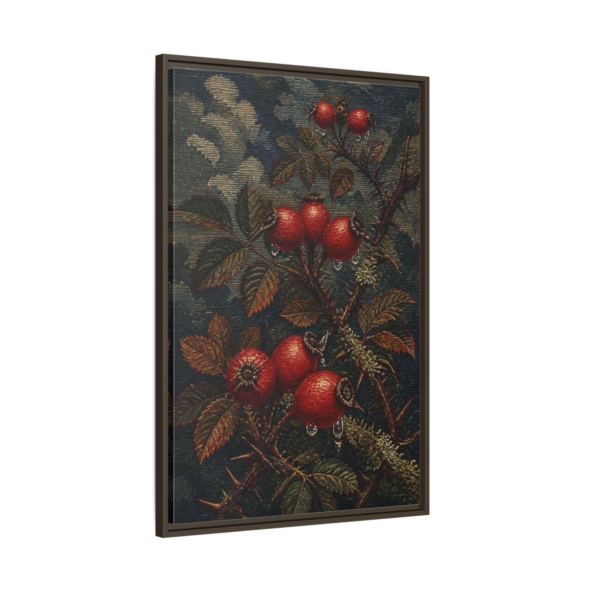 Main Mockup. Rose Hips Study shown as framed canvas print