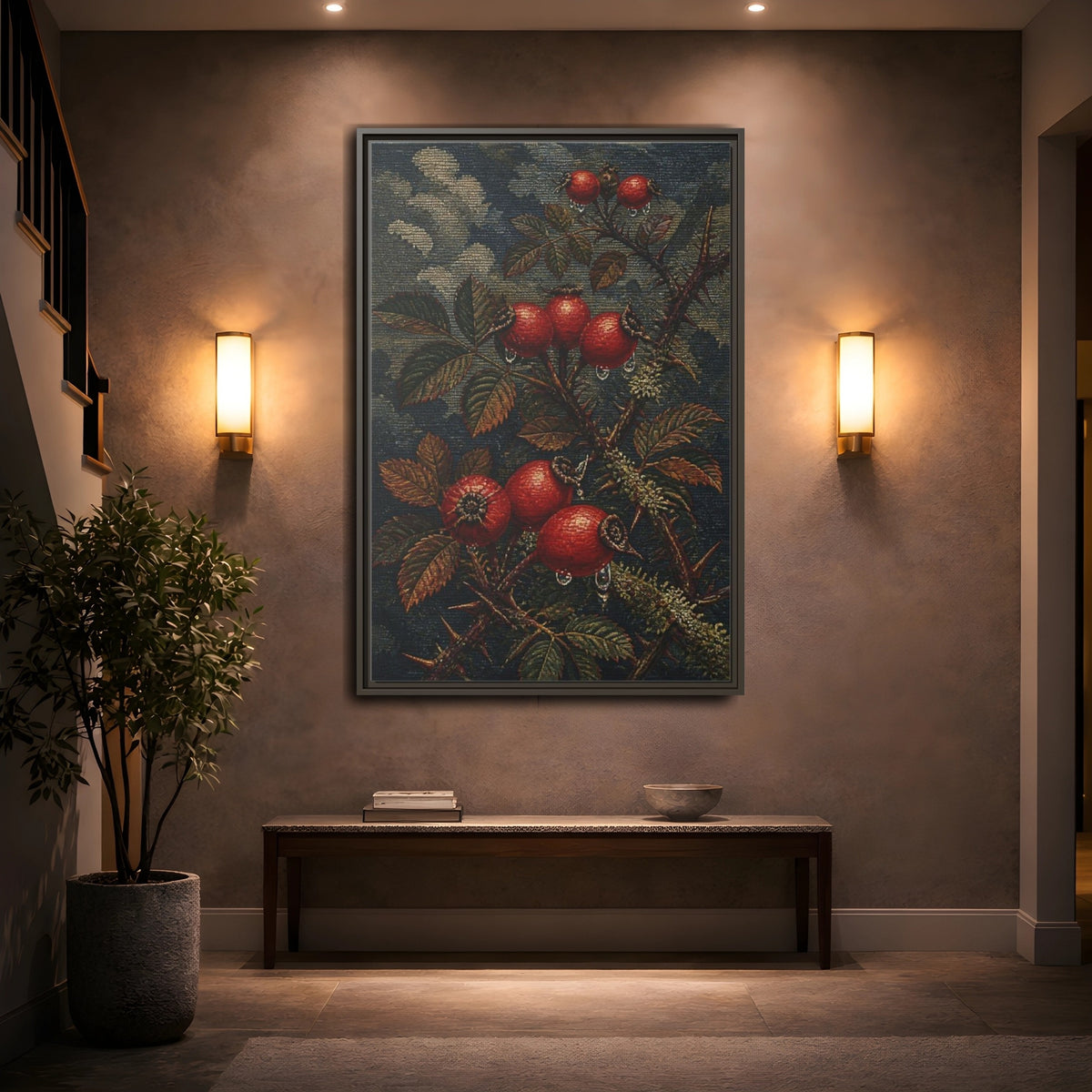 Mockup 2. Rose Hips Study shown as framed canvas print