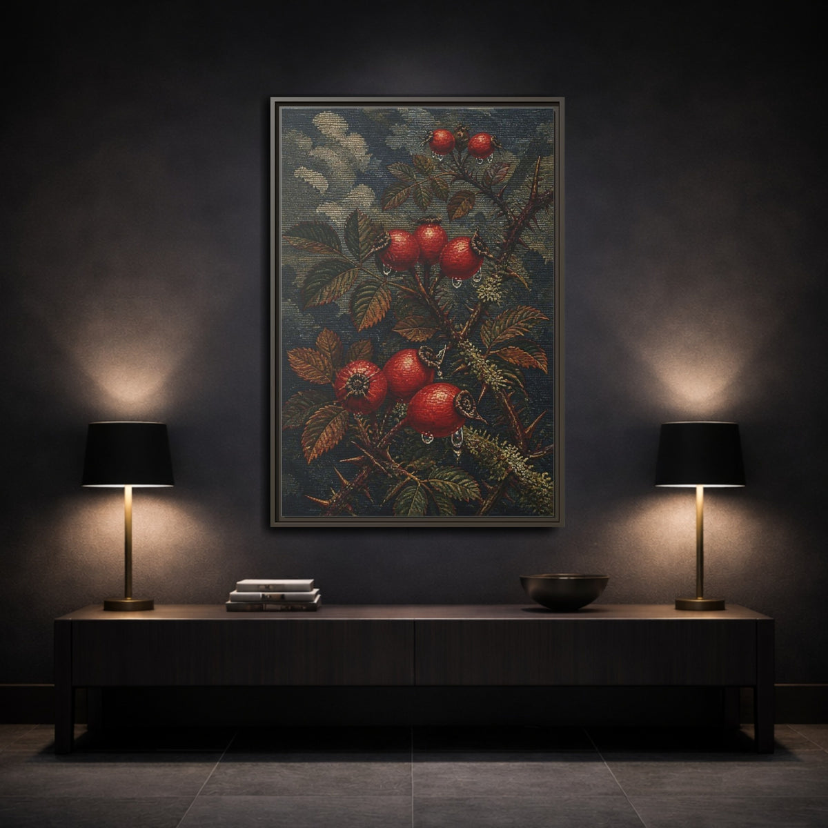 Mockup 3. Rose Hips Study shown as framed canvas print
