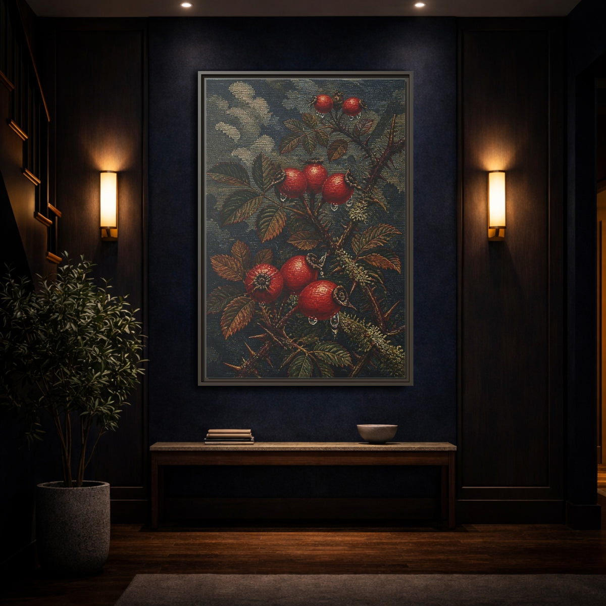 Mockup 4. Rose Hips Study shown as framed canvas print