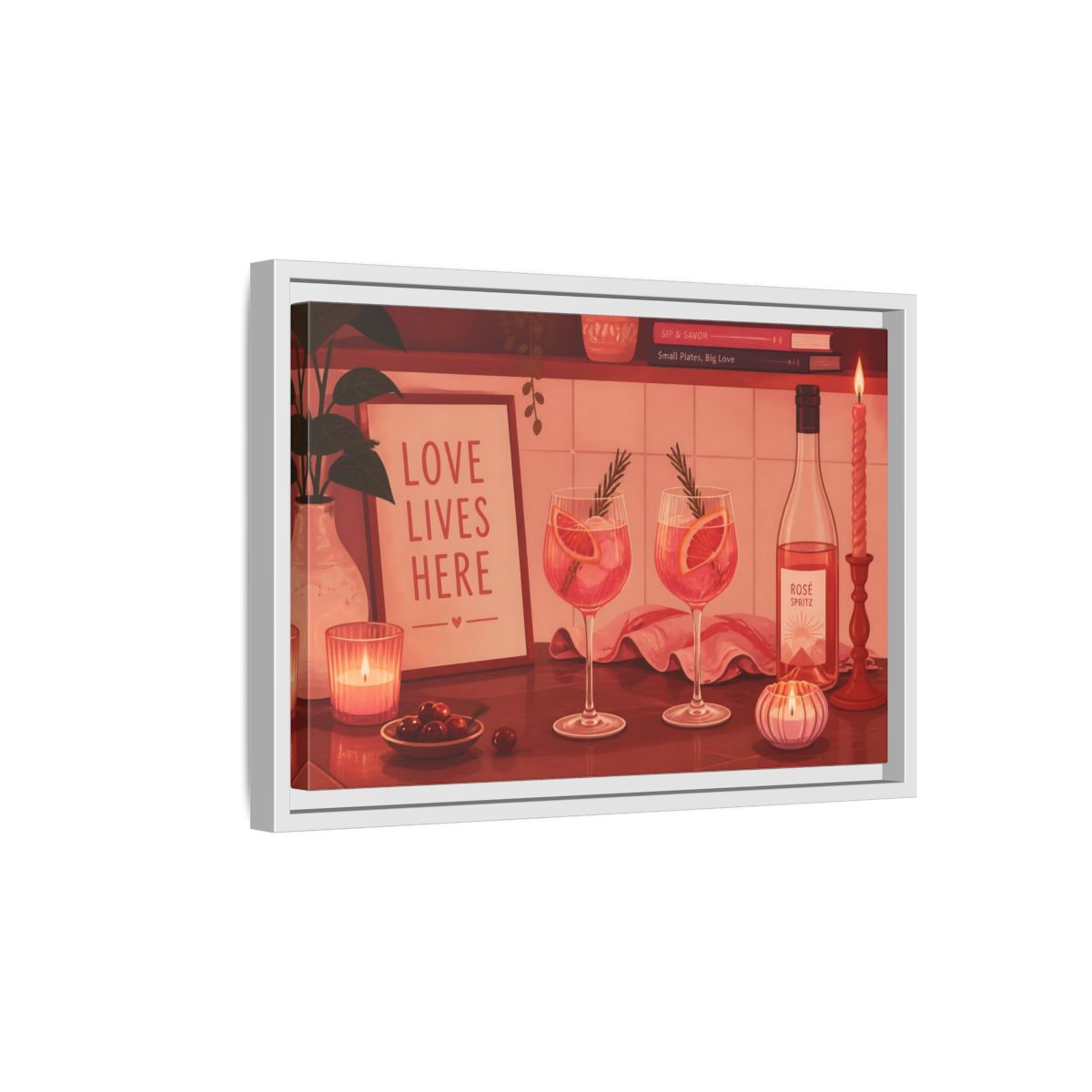 Side Mockup 4. Rose Spritz For Two shown as framed canvas print