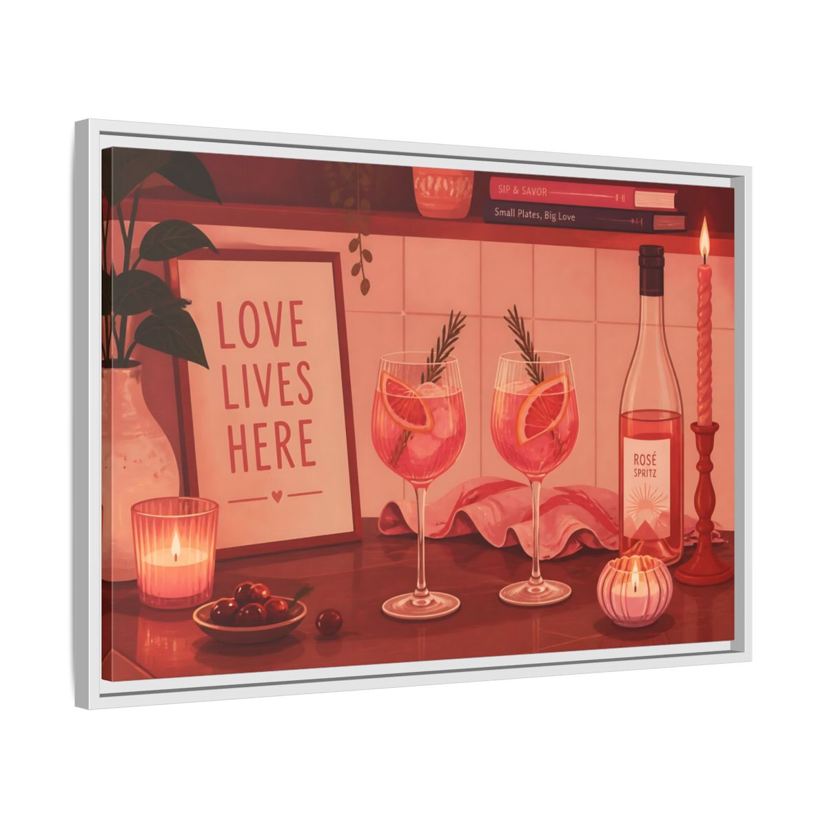 Side Mockup 10. Rose Spritz For Two shown as framed canvas print