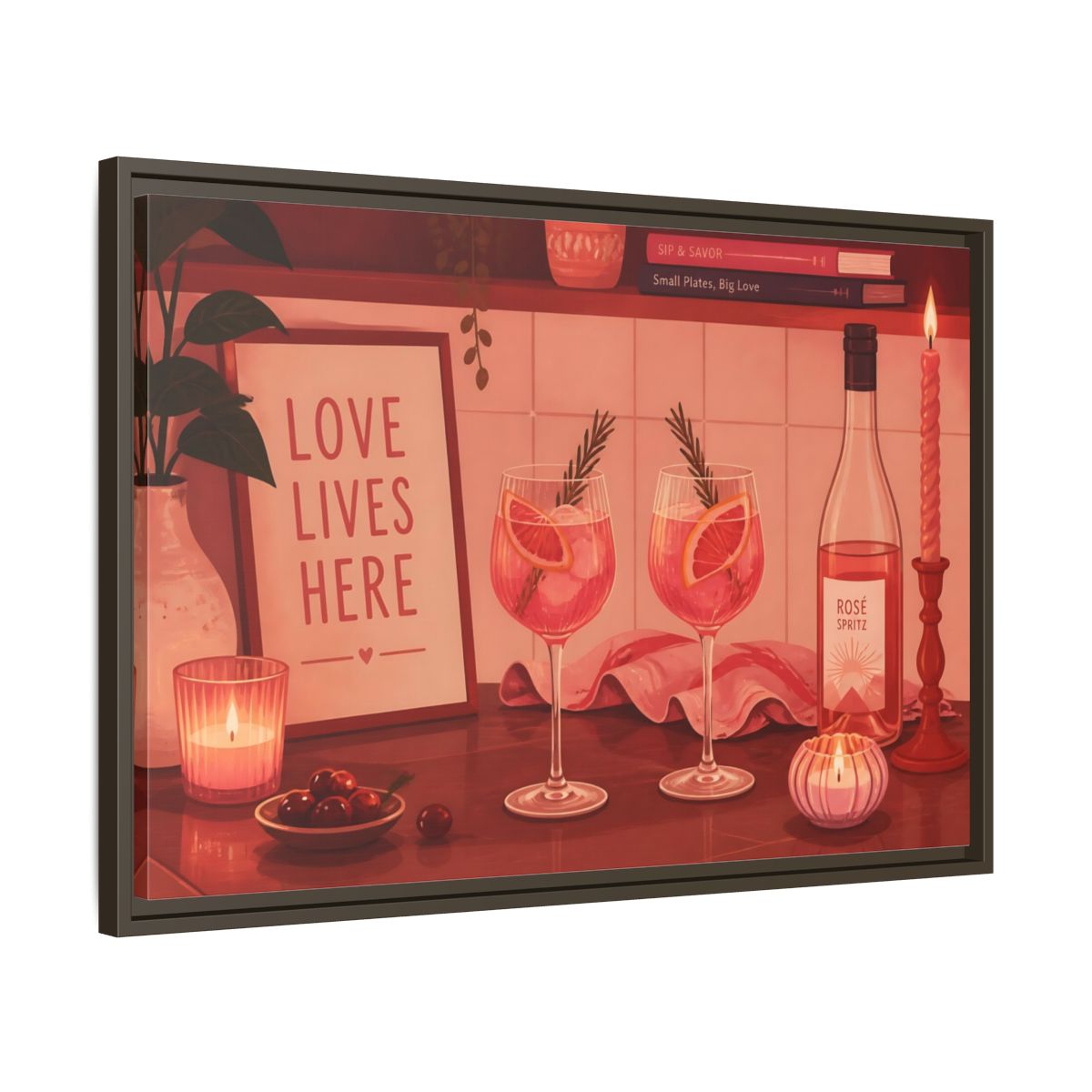Side Mockup 11. Rose Spritz For Two shown as framed canvas print