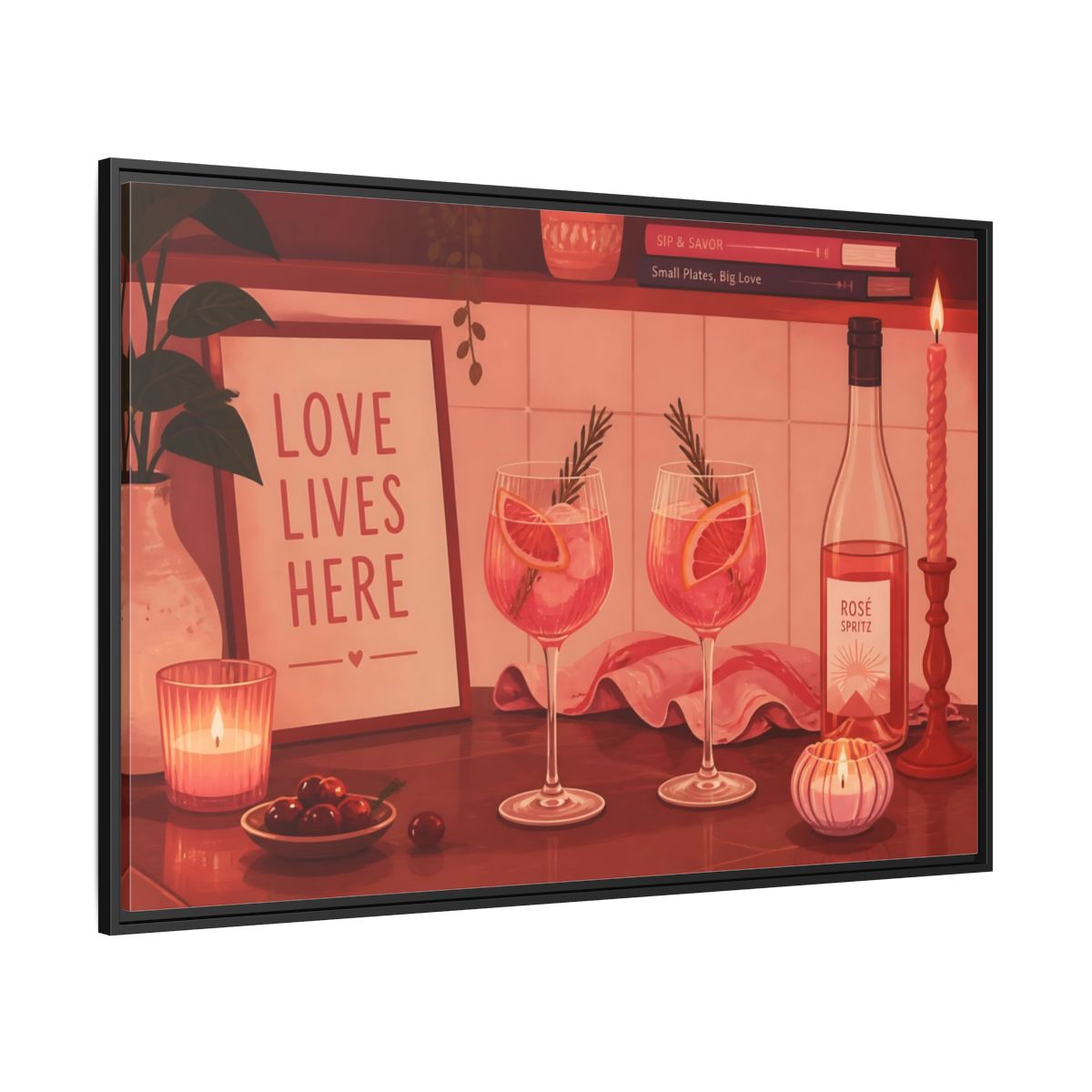 Side Mockup 12. Rose Spritz For Two shown as framed canvas print