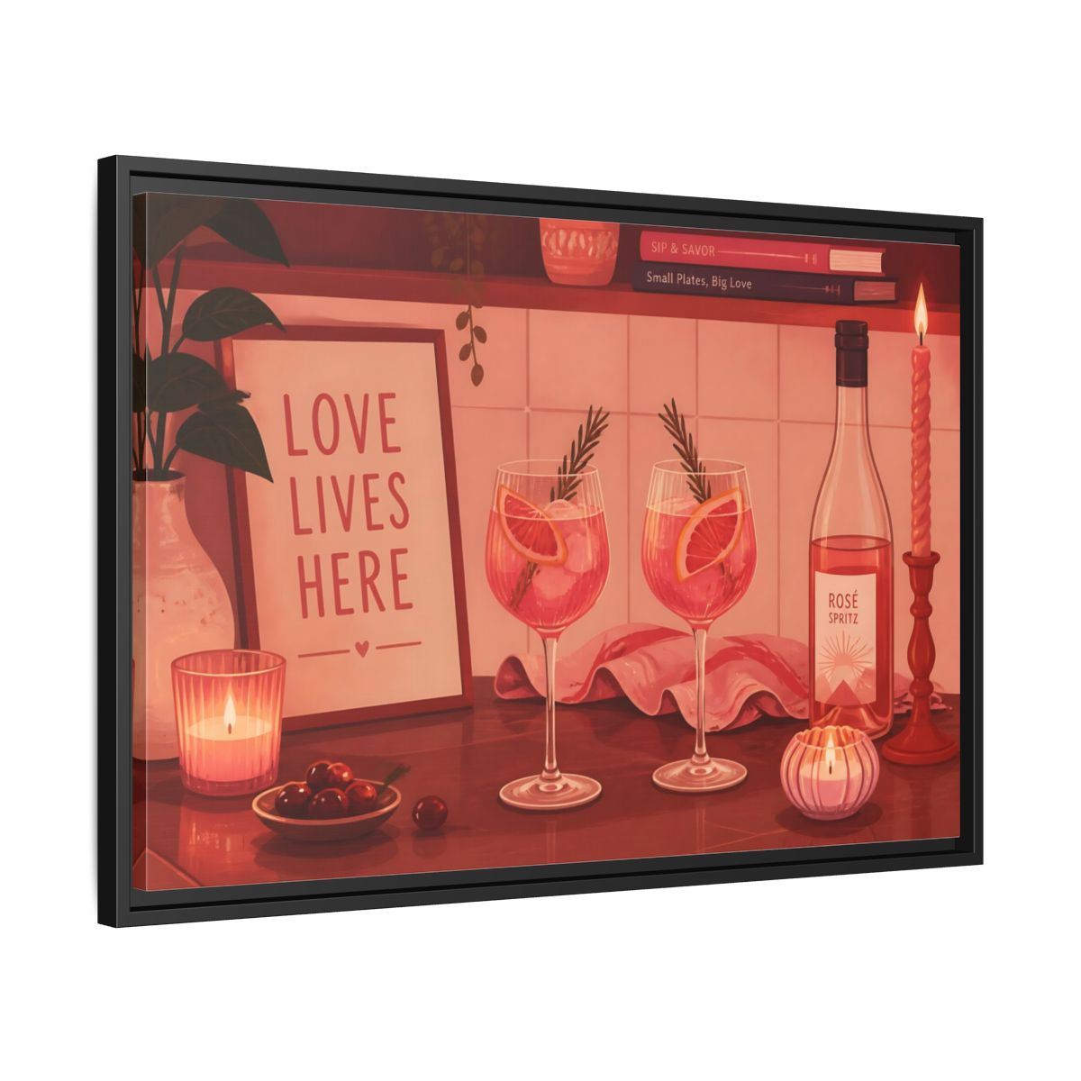 Side Mockup 14. Rose Spritz For Two shown as framed canvas print