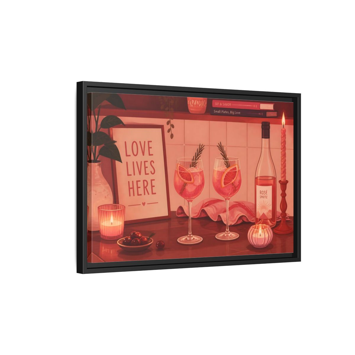 Side Mockup 3. Rose Spritz For Two shown as framed canvas print