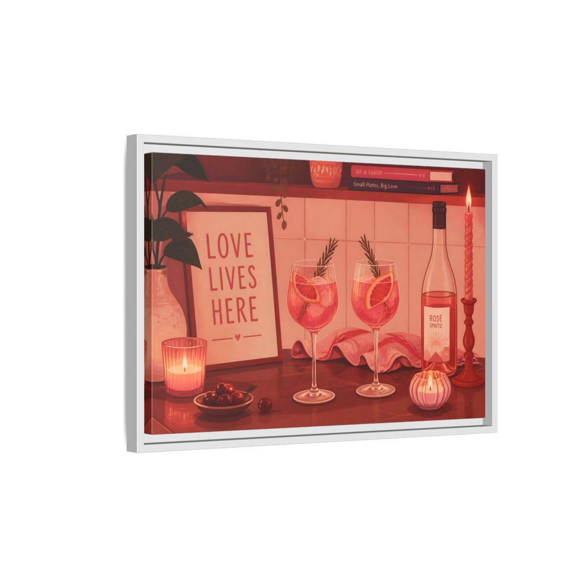 Side Mockup 1. Rose Spritz For Two shown as framed canvas print