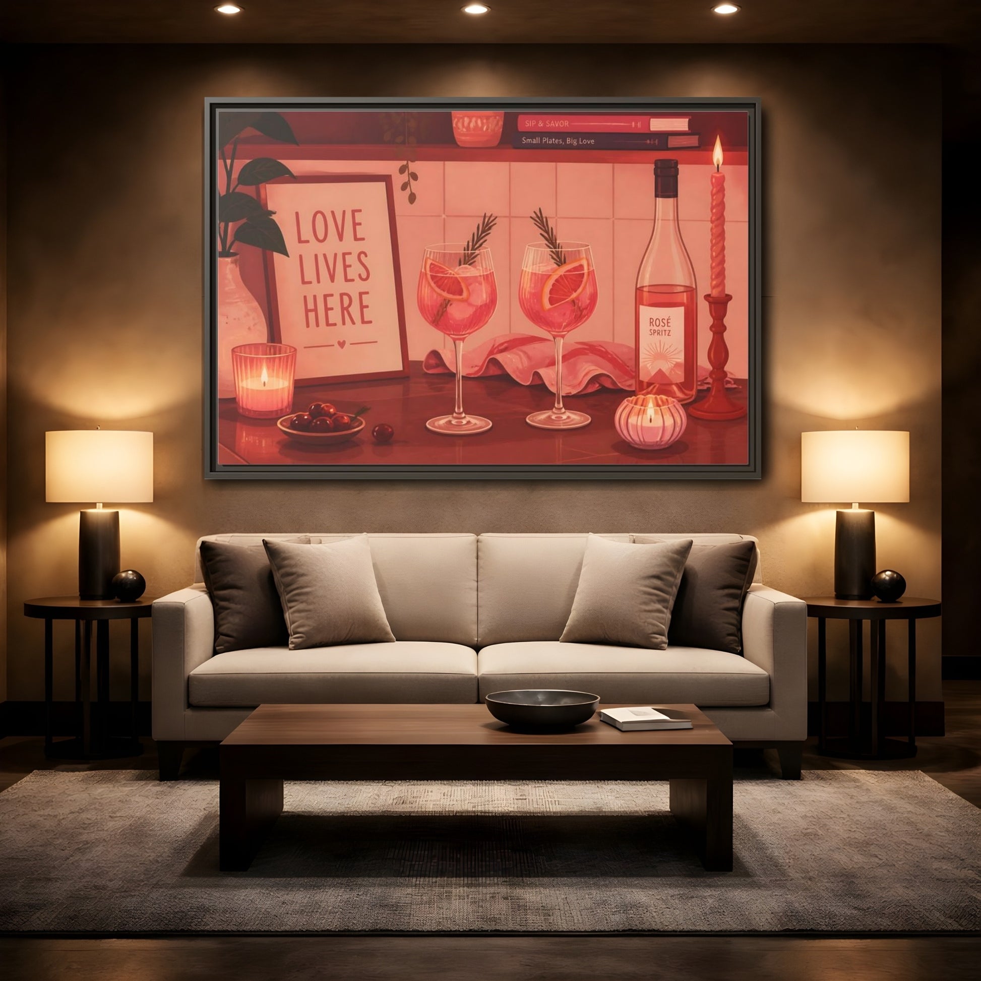 Mockup 2. Rose Spritz For Two shown as framed canvas print