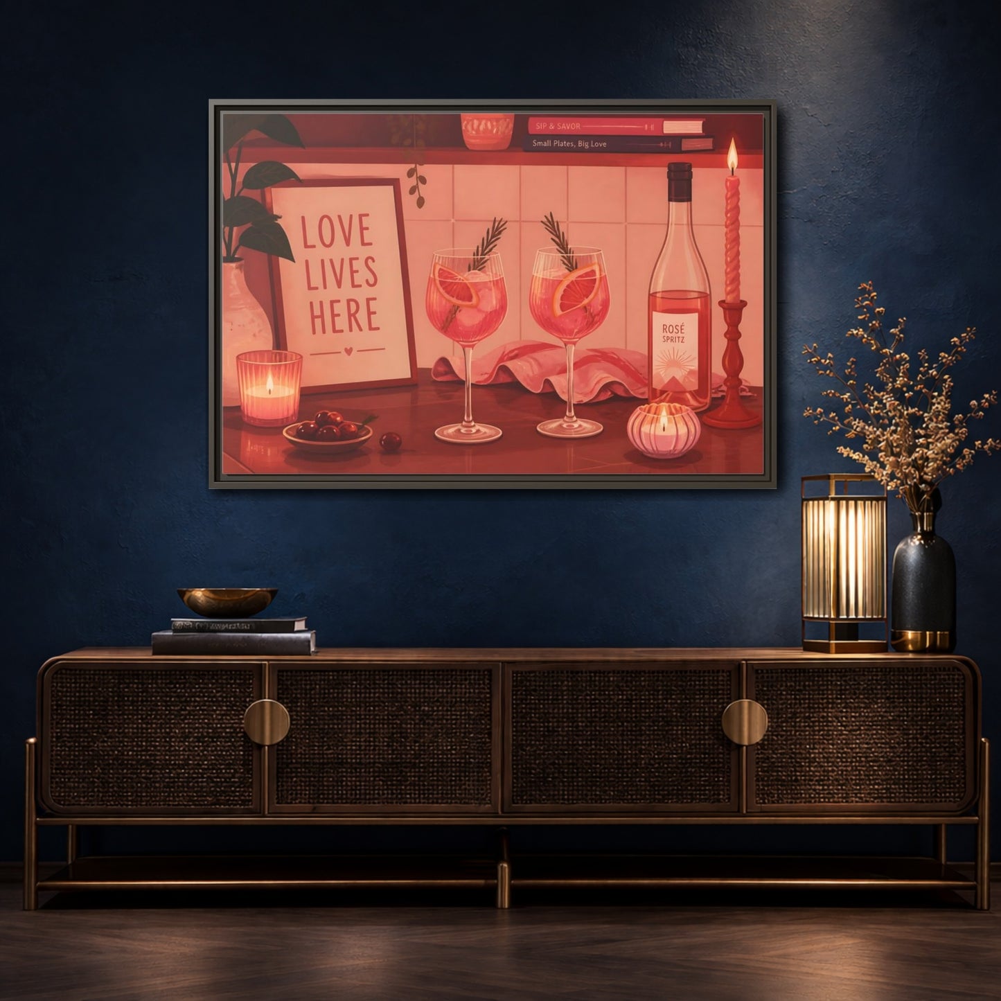 Mockup 4. Rose Spritz For Two shown as framed canvas print