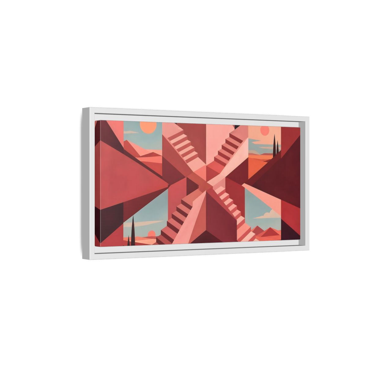 Side Mockup 6. Rose Stairwell Illusion shown as framed canvas print