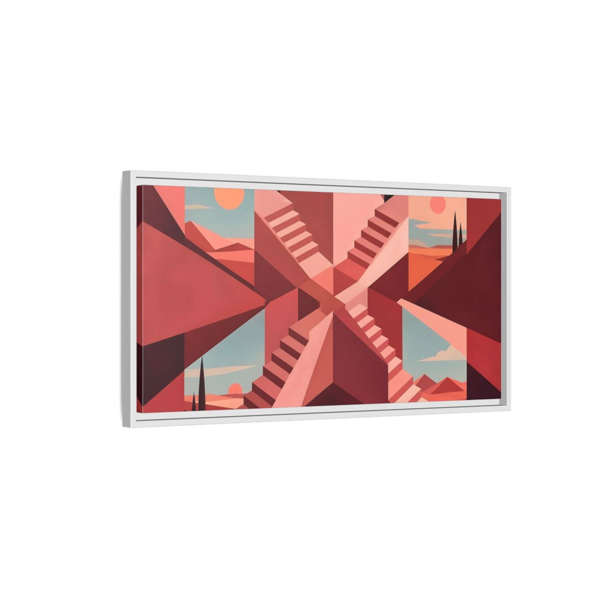 Side Mockup 1. Rose Stairwell Illusion shown as framed canvas print