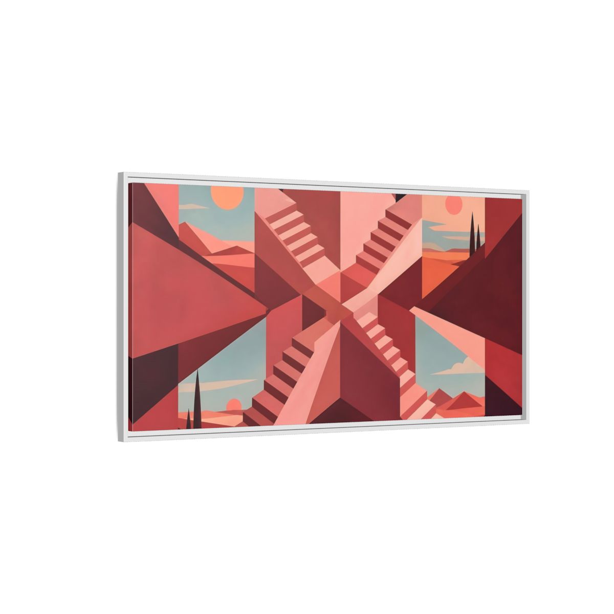 Side Mockup 3. Rose Stairwell Illusion shown as framed canvas print