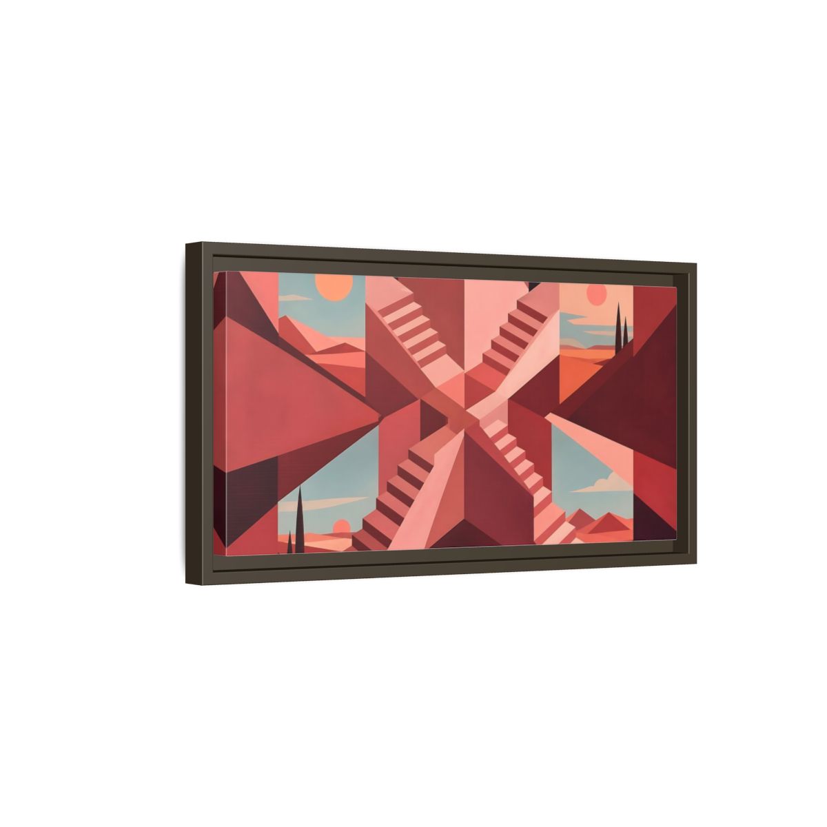 Side Mockup 7. Rose Stairwell Illusion shown as framed canvas print