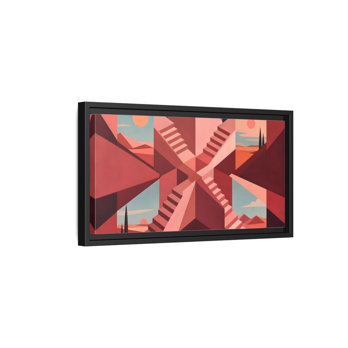 Side Mockup 8. Rose Stairwell Illusion shown as framed canvas print