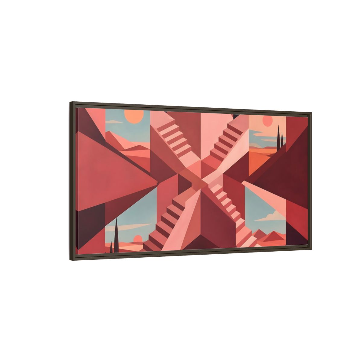 Side Mockup 4. Rose Stairwell Illusion shown as framed canvas print