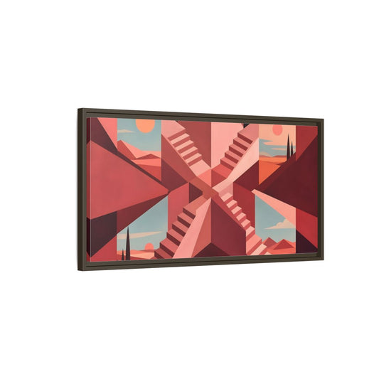Main Mockup. Rose Stairwell Illusion shown as framed canvas print