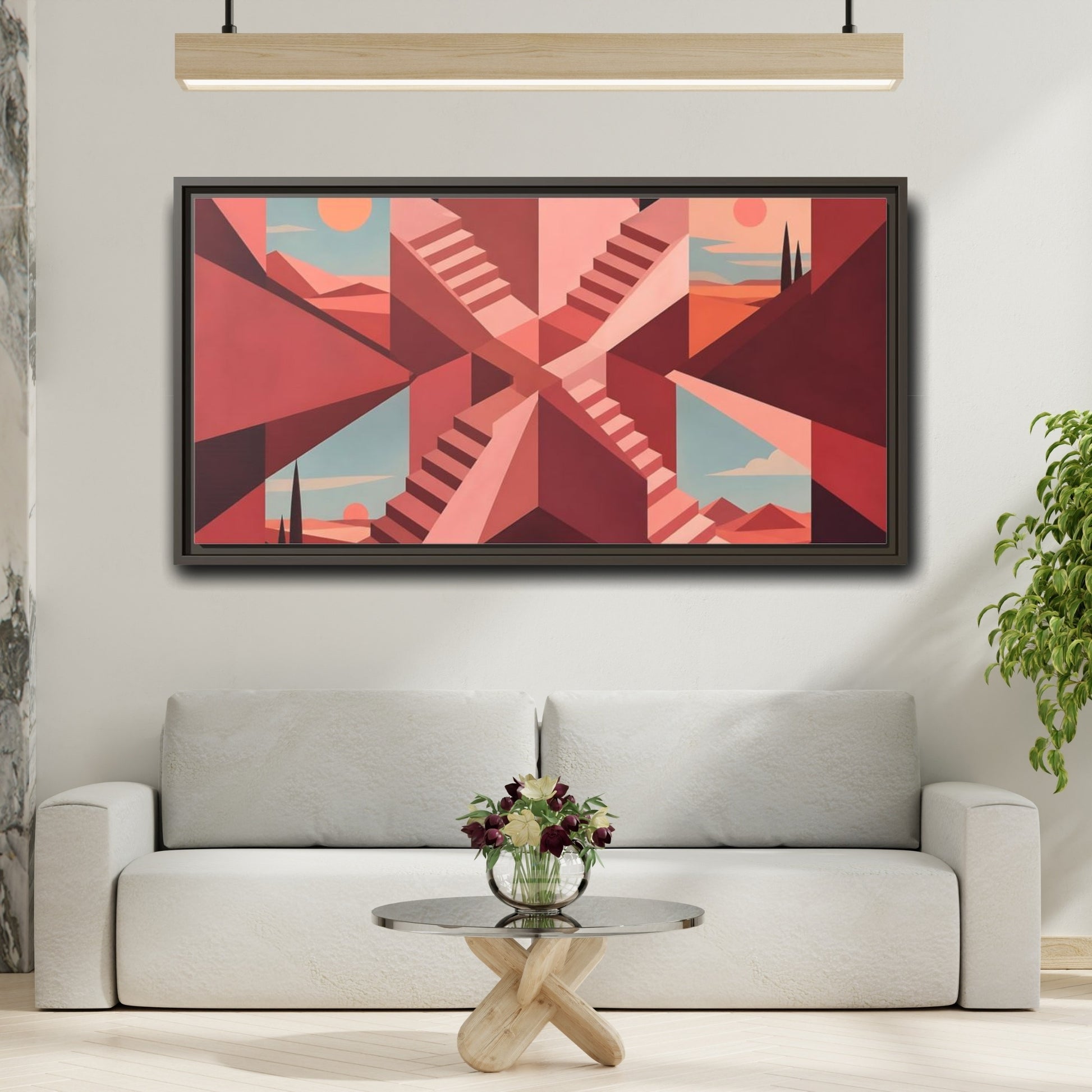 Mockup 2. Rose Stairwell Illusion shown as framed canvas print