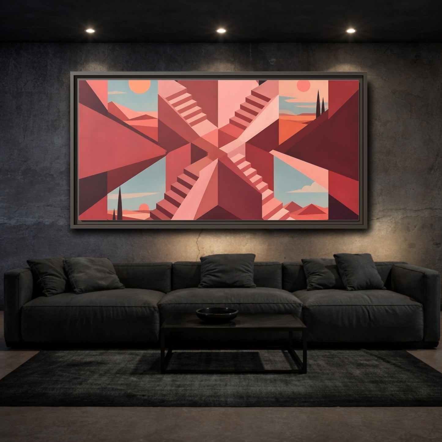 Mockup 3. Rose Stairwell Illusion shown as framed canvas print