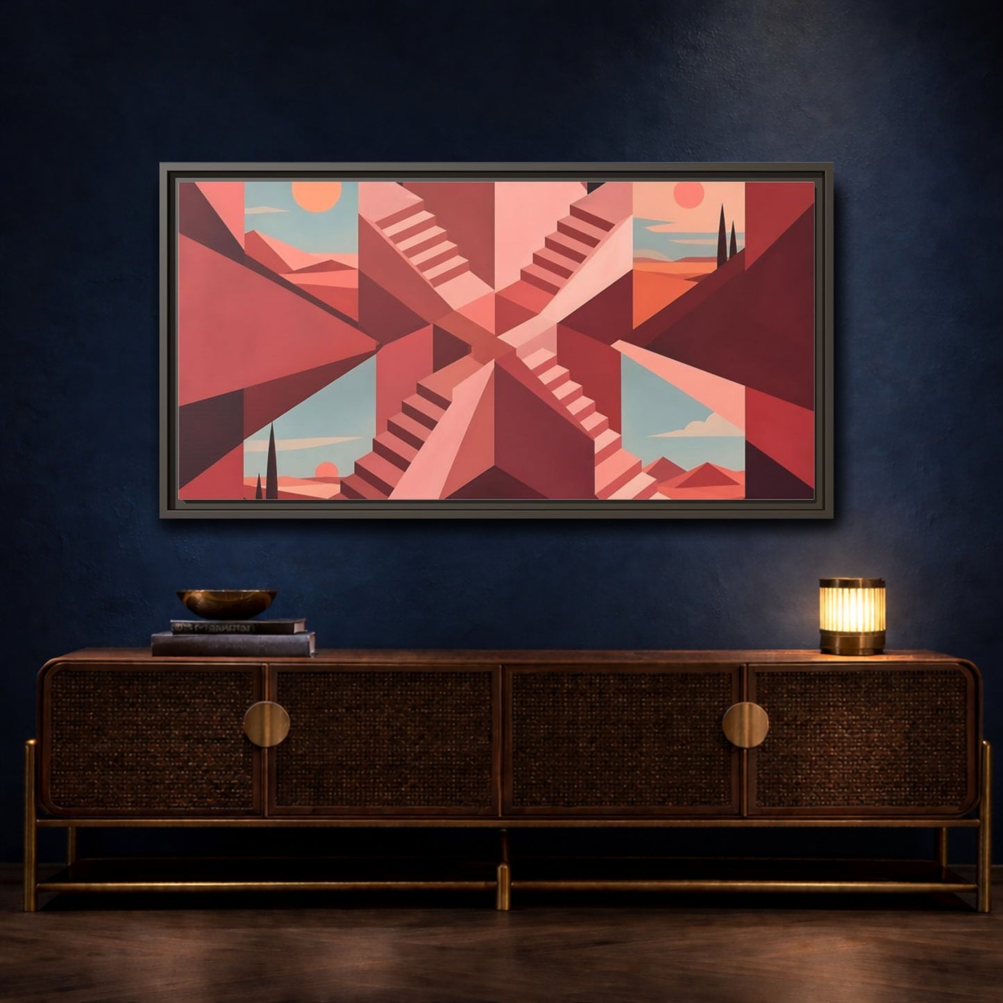 Mockup 4. Rose Stairwell Illusion shown as framed canvas print