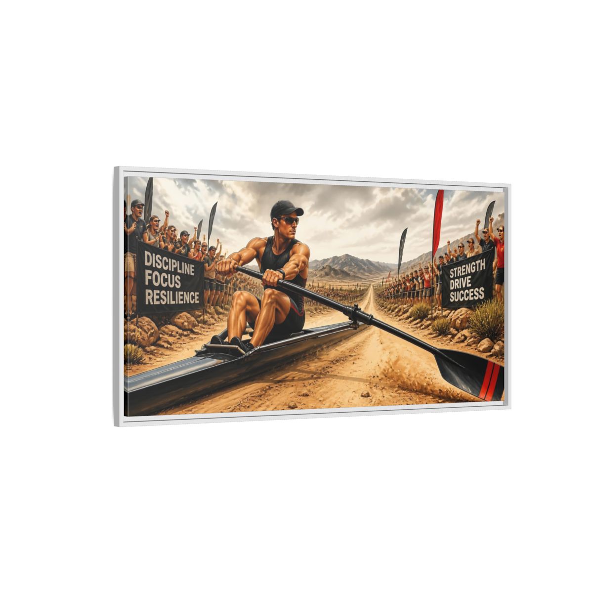 Side Mockup 3. Rower Of Discipline shown as framed canvas print
