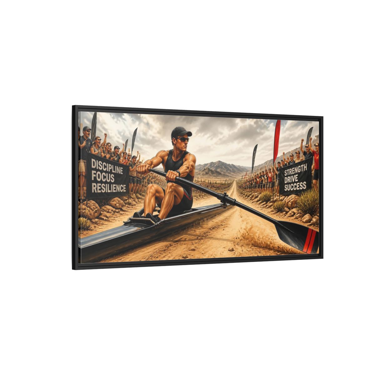 Side Mockup 5. Rower Of Discipline shown as framed canvas print
