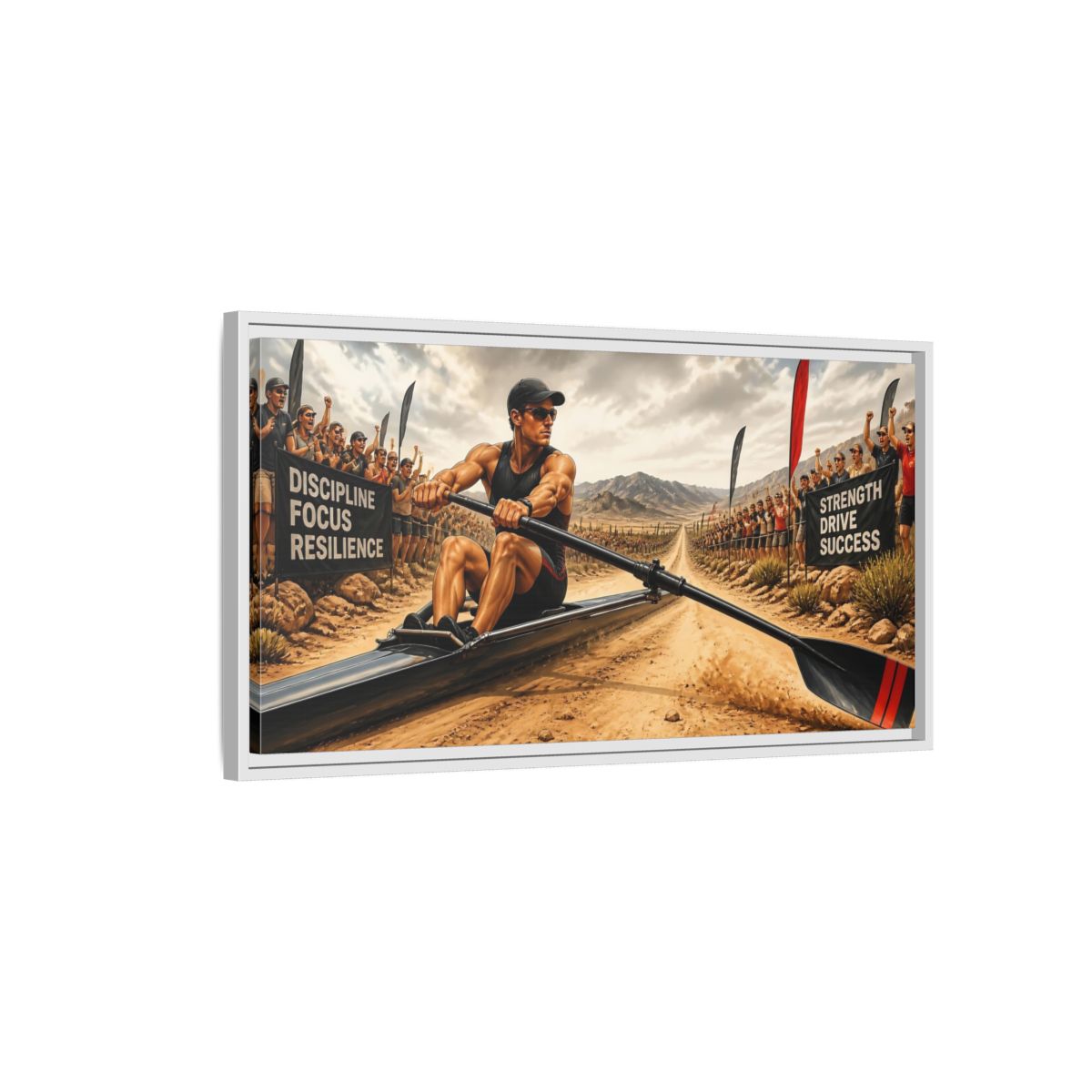 Side Mockup 1. Rower Of Discipline shown as framed canvas print