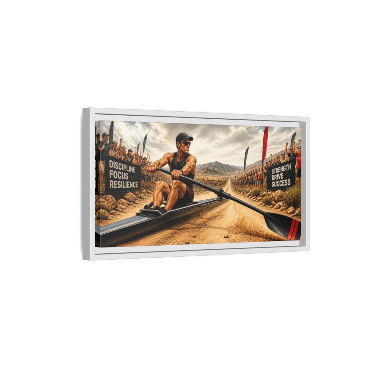 Side Mockup 6. Rower Of Discipline shown as framed canvas print