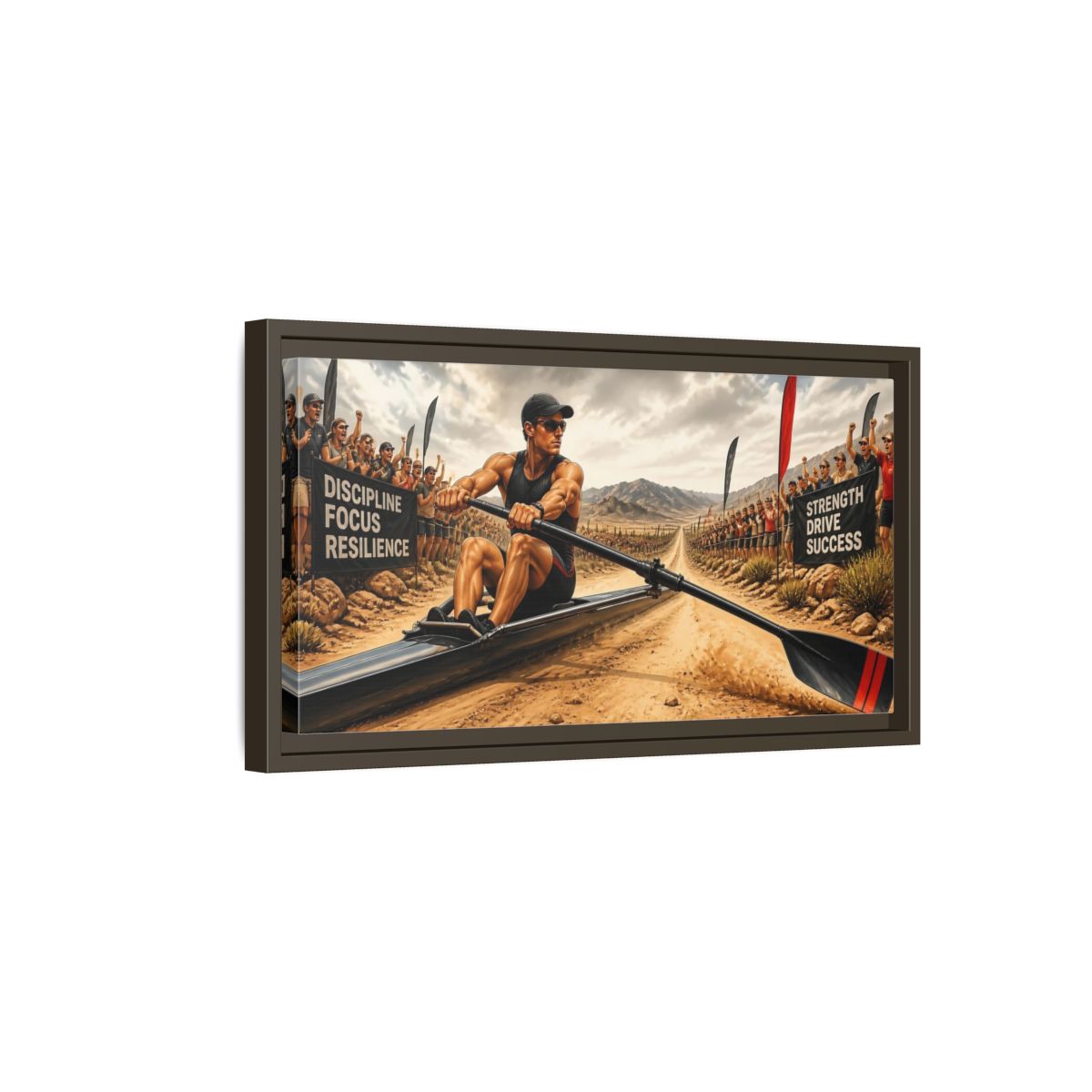 Side Mockup 7. Rower Of Discipline shown as framed canvas print