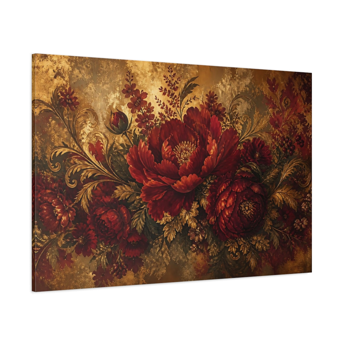 Side Mockup 1. Ruby Baroque Peony Bouquet shown as canvas print