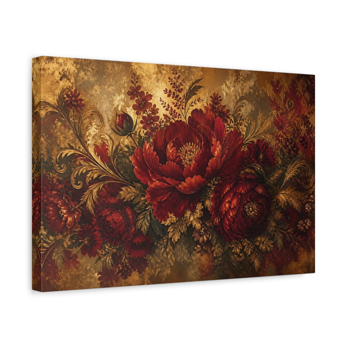Side Mockup 4. Ruby Baroque Peony Bouquet shown as canvas print