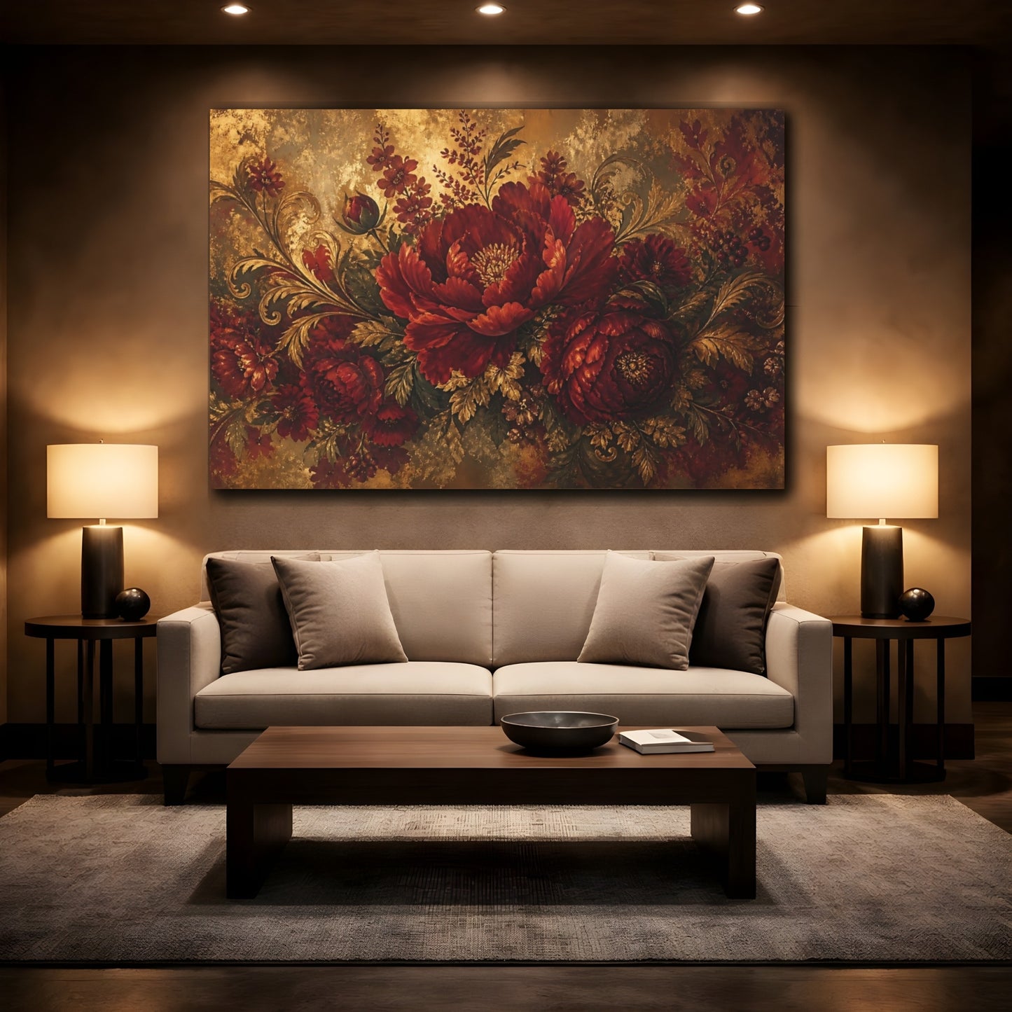 Mockup 2. Ruby Baroque Peony Bouquet shown as canvas print