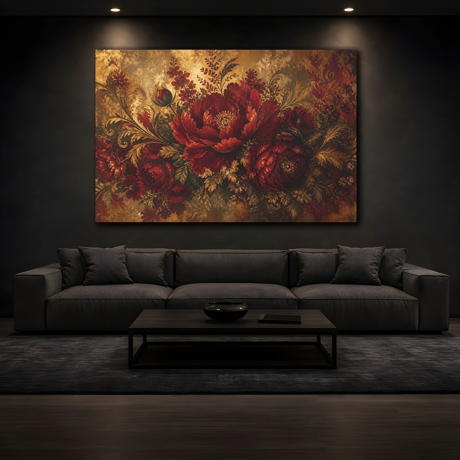 Mockup 3. Ruby Baroque Peony Bouquet shown as canvas print