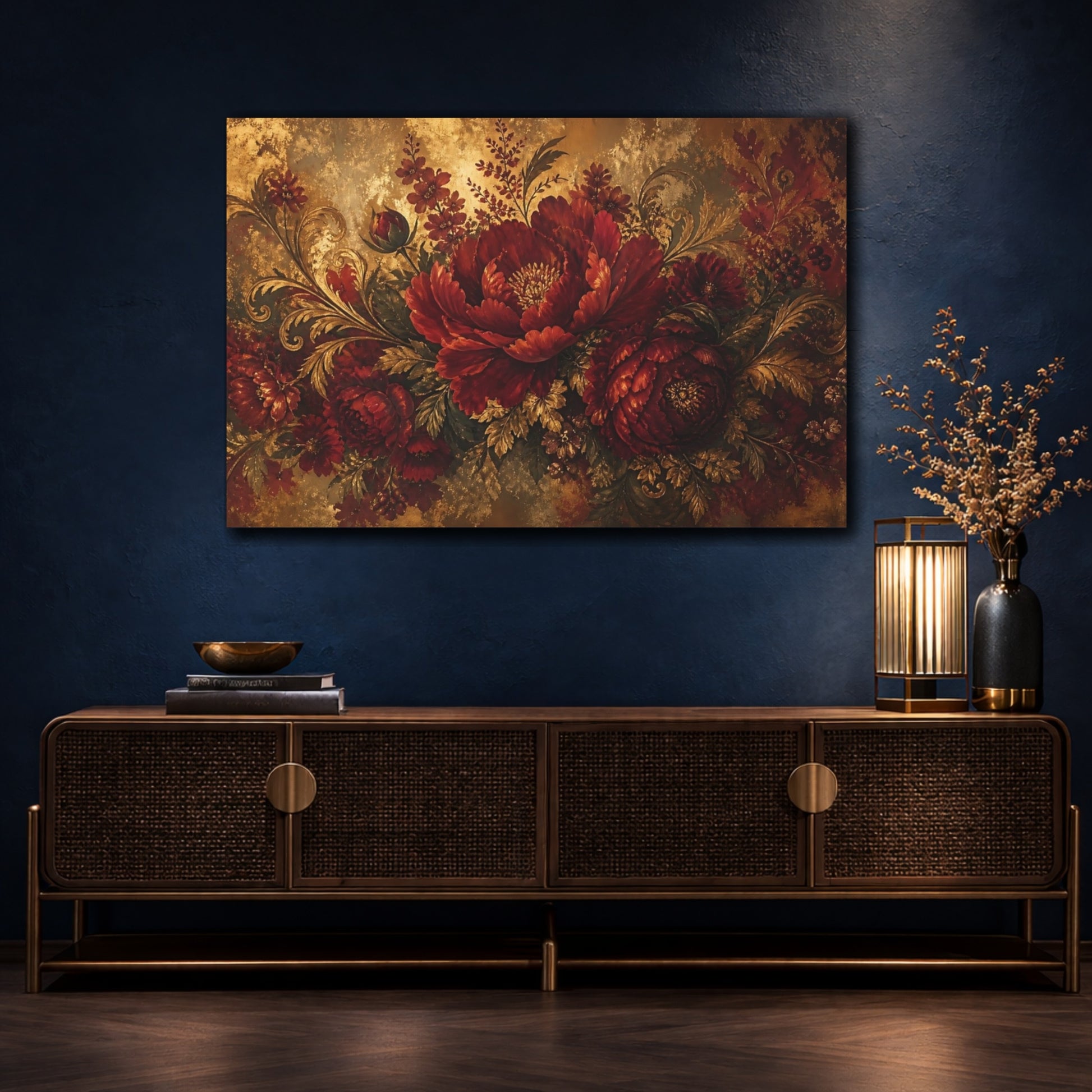 Mockup 4. Ruby Baroque Peony Bouquet shown as canvas print