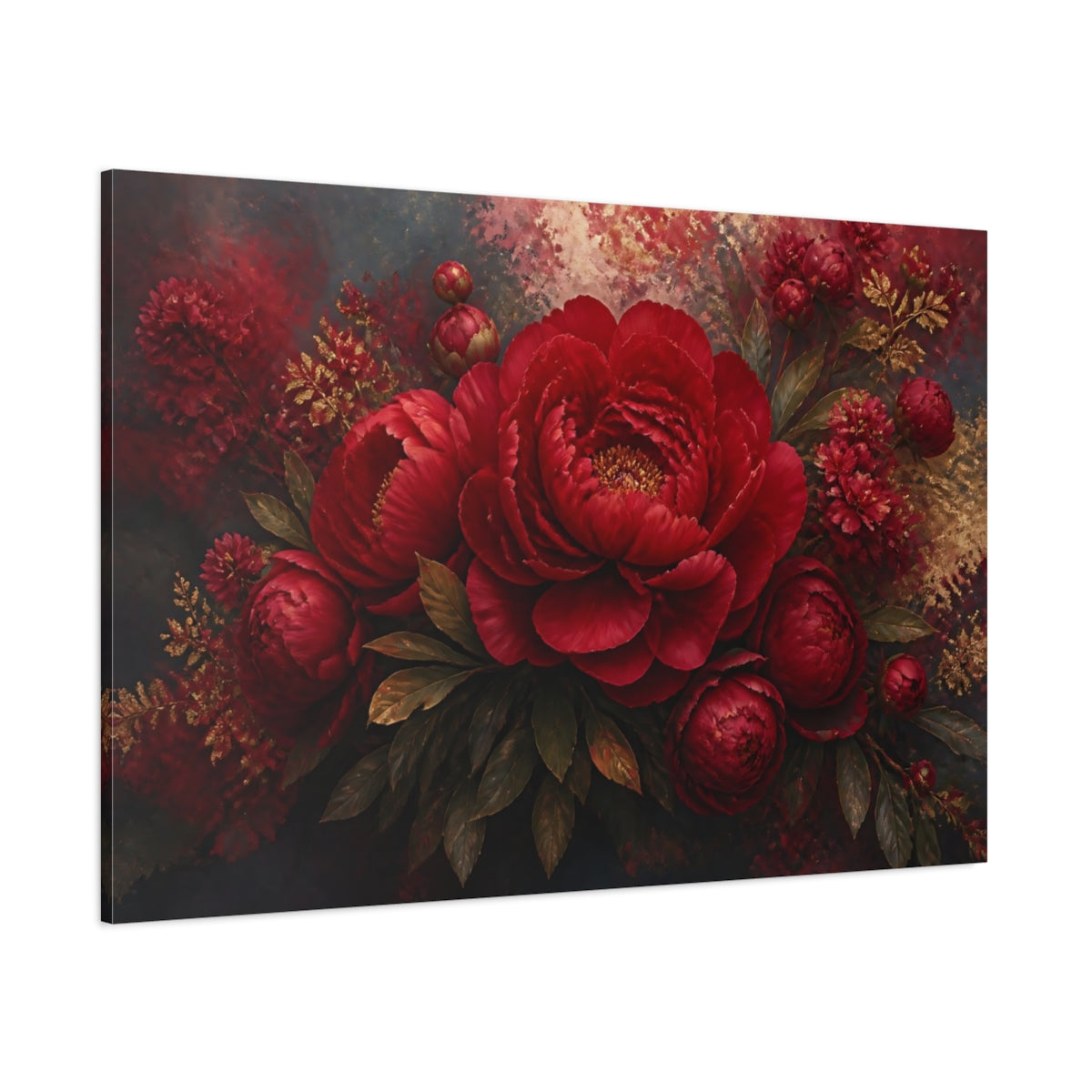 Side Mockup 1. Ruby Peony Floral shown as canvas print